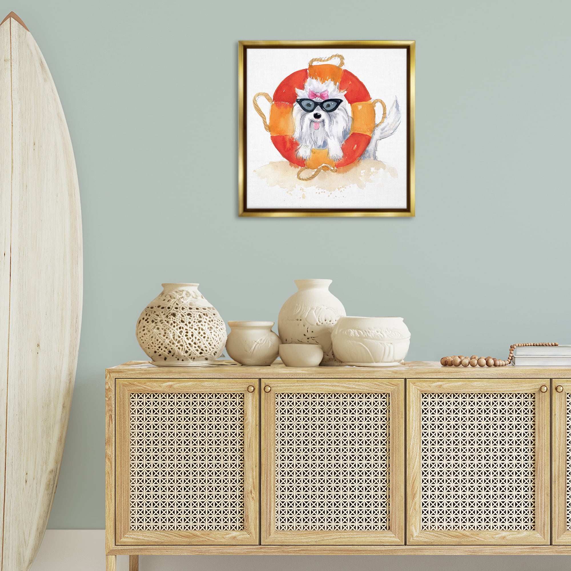 Stupell Industries Sandy Dog in Sunglasses Animals Painting Gold Floater Framed Canvas Art Print Wall Art, 25 x 25