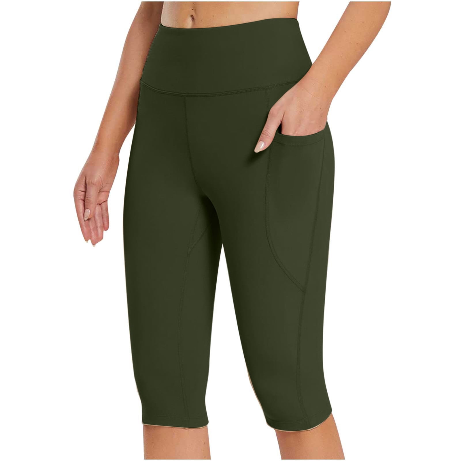 QUYUON Jogger Capris for Women Knee Length Leggings High Waisted Yoga