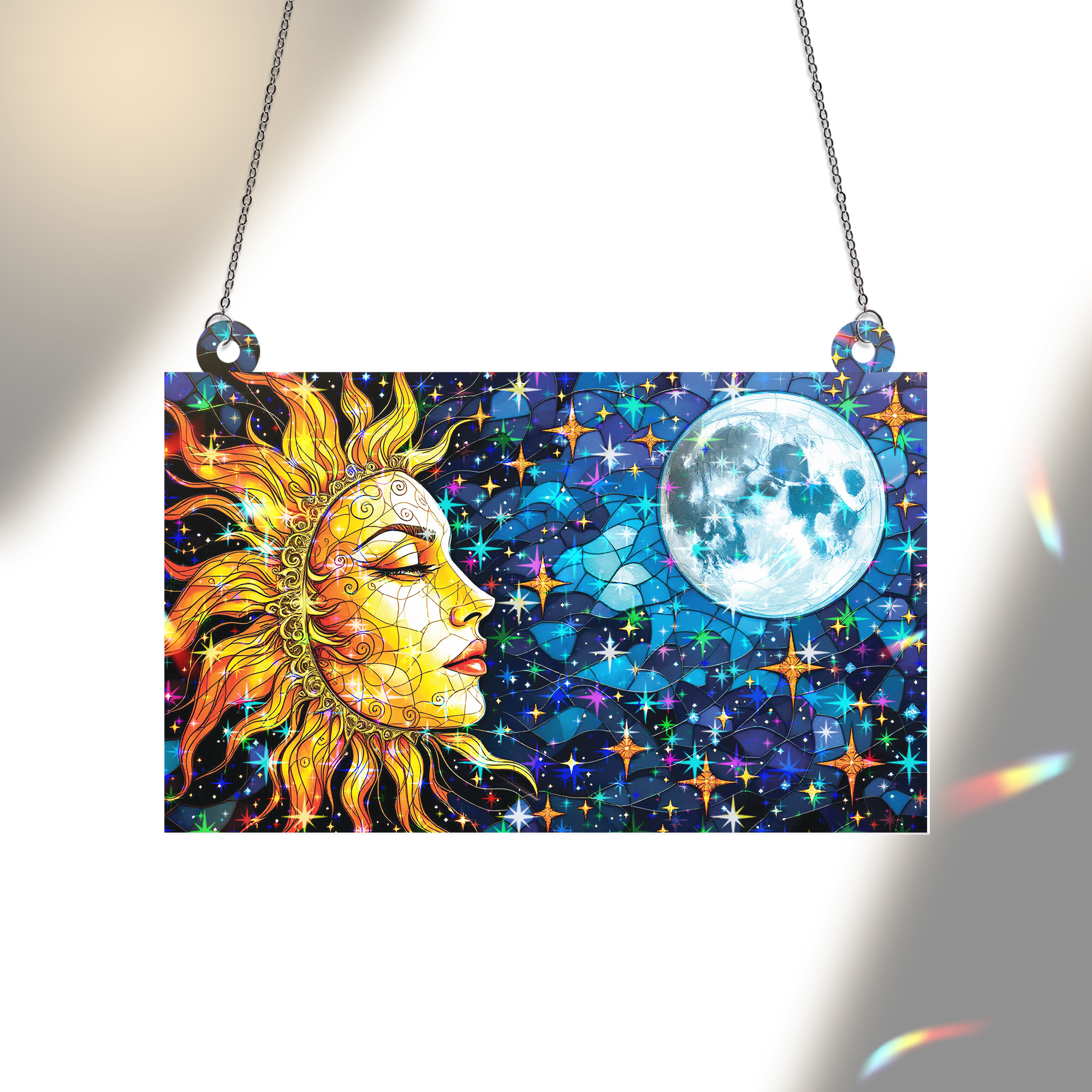 89Bloom Sun and Moon Stained Glass Hologram Ornament, Stained Glass Suncatcher Ornaments Home Decor, Holographic Ornaments