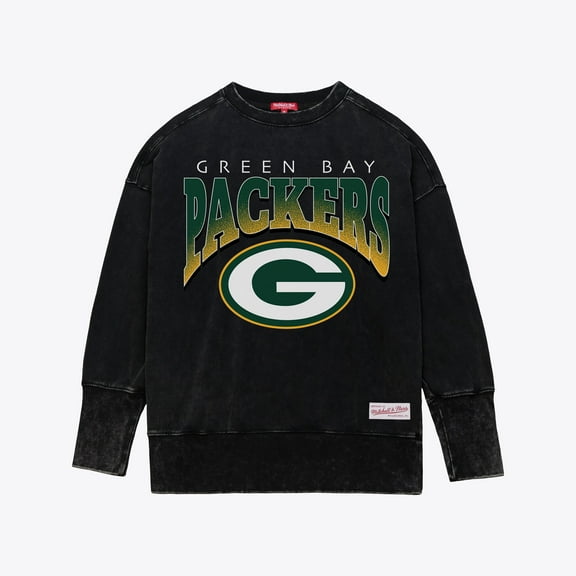 Women's Mitchell & Ness Black Green Bay Packers Delineate Mineral Wash Crewneck Sweatshirt