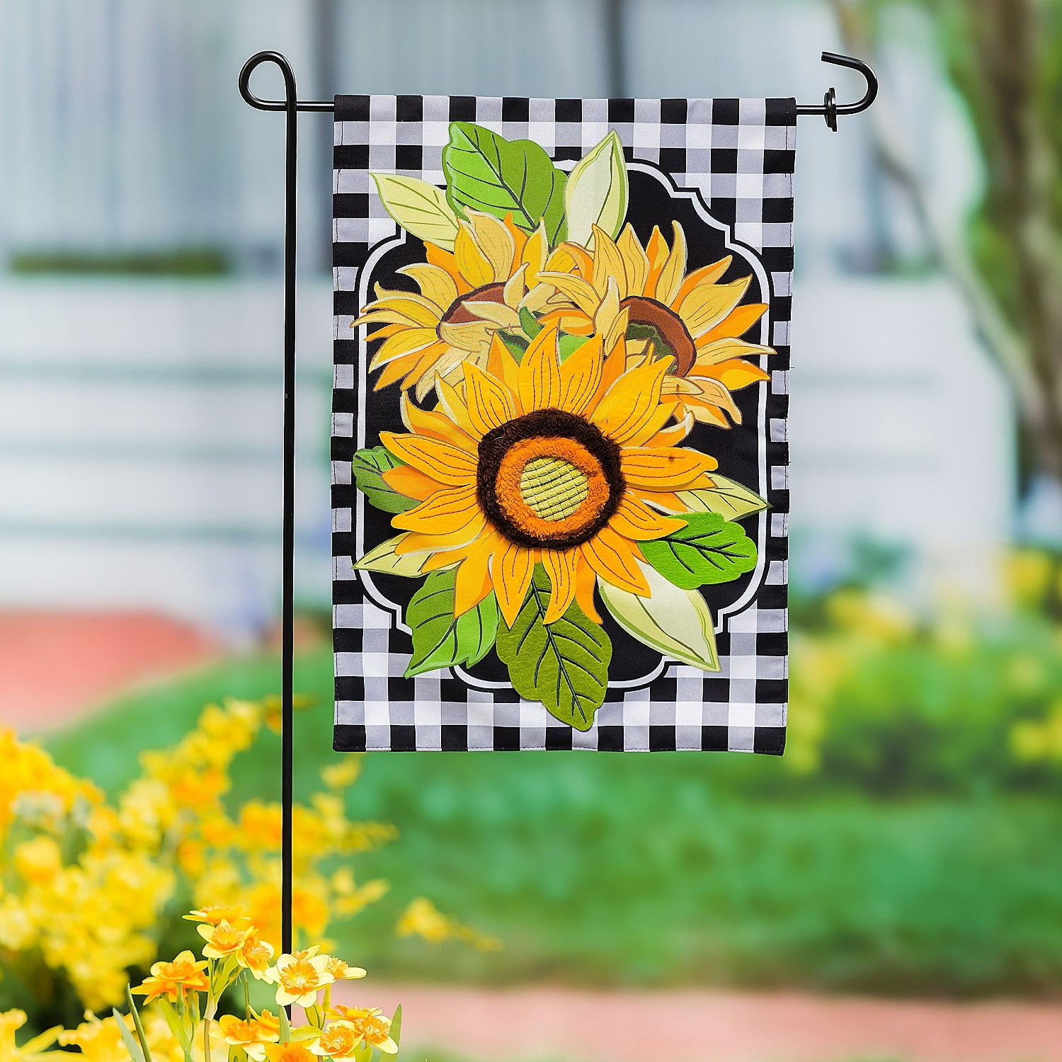 Evergreen Sunflowers and Checks Garden Flag