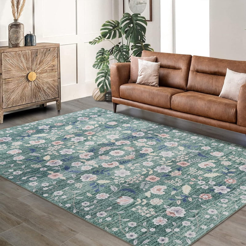 Area Rugs 9'x12' Washable Floral Rugs for Living Room Non Slip Low Pile Carpet for Office Bedroom Kids Room Bedside Green