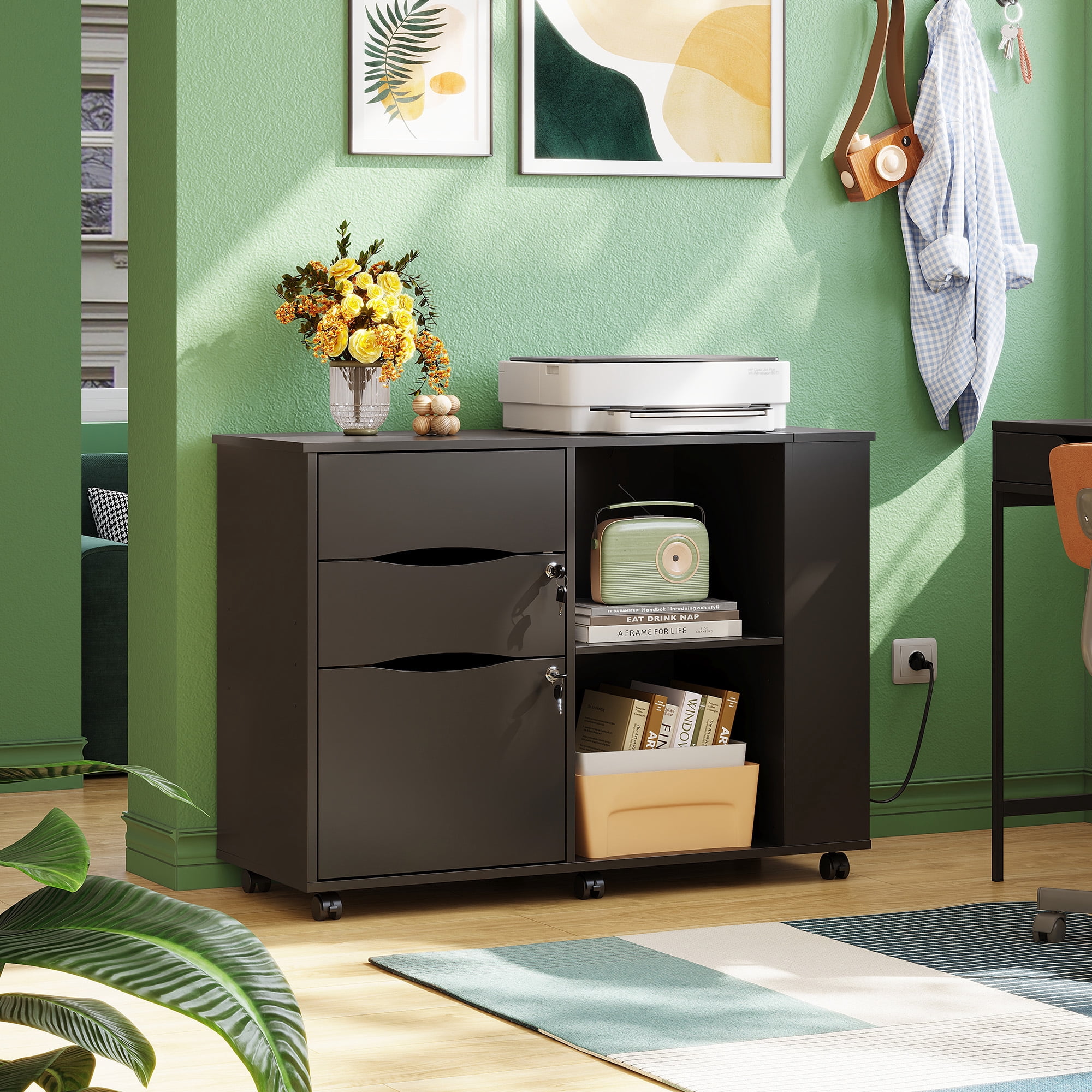 GALAXHERO Wood File Cabinet with 3 Drawers, Open Storage Shelves, Rolling Printer Stand with Charging Station for Home Office, Black