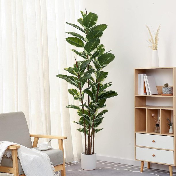 Artificial Rubber Tree Plant 6ft Tall Faux Ficus Tree Potted Fake