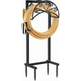 thumbnail image 6 of Garden Hose Holder with Shepherds Hooks Heavy Duty Water Hose Holder Holds 160 FT Hose Freestanding Hose Reel with 2 Tool Hooks Stable Hose Hanger Storage Stand for Outside Yard, Black, 6 of 12