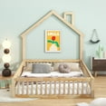 thumbnail image 3 of Harper & Bright Designs Wood Full Size House Platform Bed with Guardrail, Solid Wood Floor Bed Frame with House-Shaped Headboard for Kids, Natural, 3 of 18