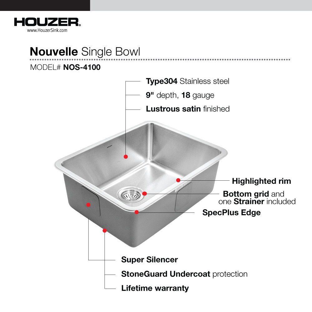 Houzer NOS-4100-1 23" x 18" Stainless Steel Undermount Single Bowl Kitchen Sink - image 4 of 7