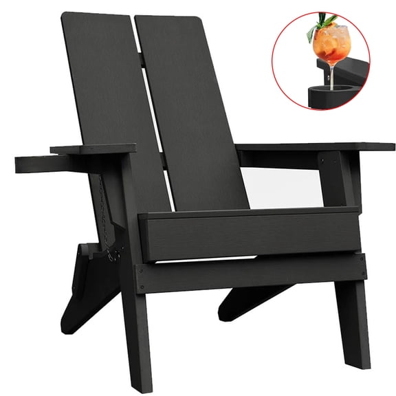 Krikacy Outdoor Folding Adirondack Chairs with Cup Holder Weather Resistant Chair,for Patio,Fir Pit,Front Porch,Garden,380 LBS,Black