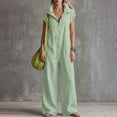 thumbnail image 5 of Cmfcve One Piece Jumpsuit for Women Cotton Blend Short Sleeve Zip Up Rompers Outfit Collared Wide Leg Full Length Palazzo Pants with Pockets, 5 of 6
