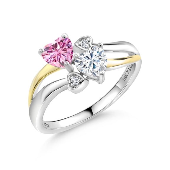 Gem Stone King 925 Silver and 10K Yellow Gold Pink Moissanite and White Moissanite and White Lab Grown Diamond Ring for Women (0.94 Cttw, Gemstone, Heart Shape 5MM, Size 6)