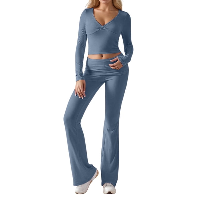 Conjunto de entrenamiento de 2 piezas para mujer: top corto de manga larga y pantalones de yoga con vuelta, conjunto de fitness a juego