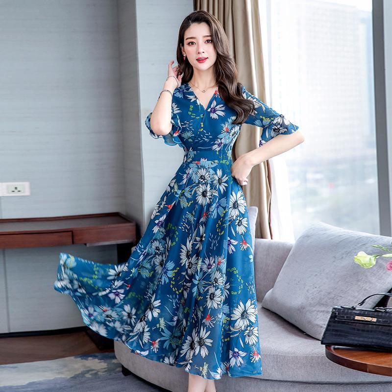 Amyove Women Chiffon Dress Spring Summer Floral Bohemian Long Beach Dress Color blue Size xxxl Blue Xxxl