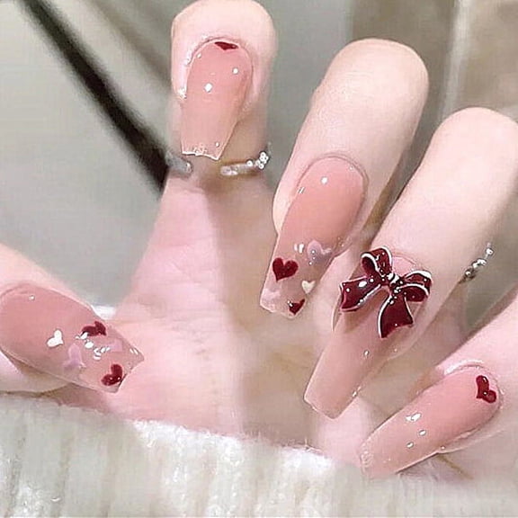 24pcs Press On False Nails Fake Nail Salon Full Cover Design for Women Girls Gift Extra Long Coffin Peach Pink