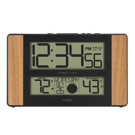 La Crosse Technology 513-1417 Atomic Digital Clock with Temperature and Moon Phase, Oak
