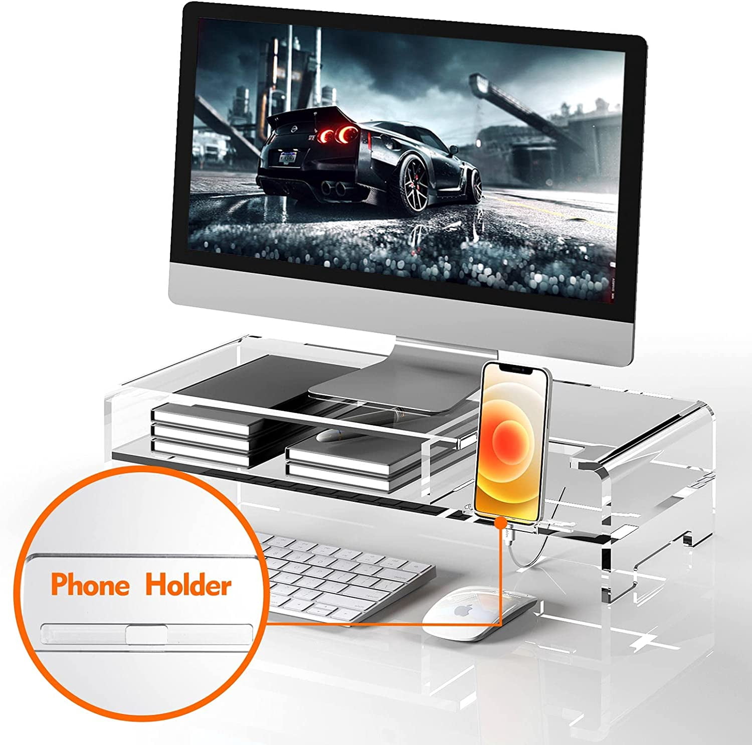 Acrylic Monitor Stand for Full Keyboard, 20" Wide 2-Tier Riser with Storage Shelf and Phone Holder, Desktop Organizer for Laptop, Printer, Screen (Clear)