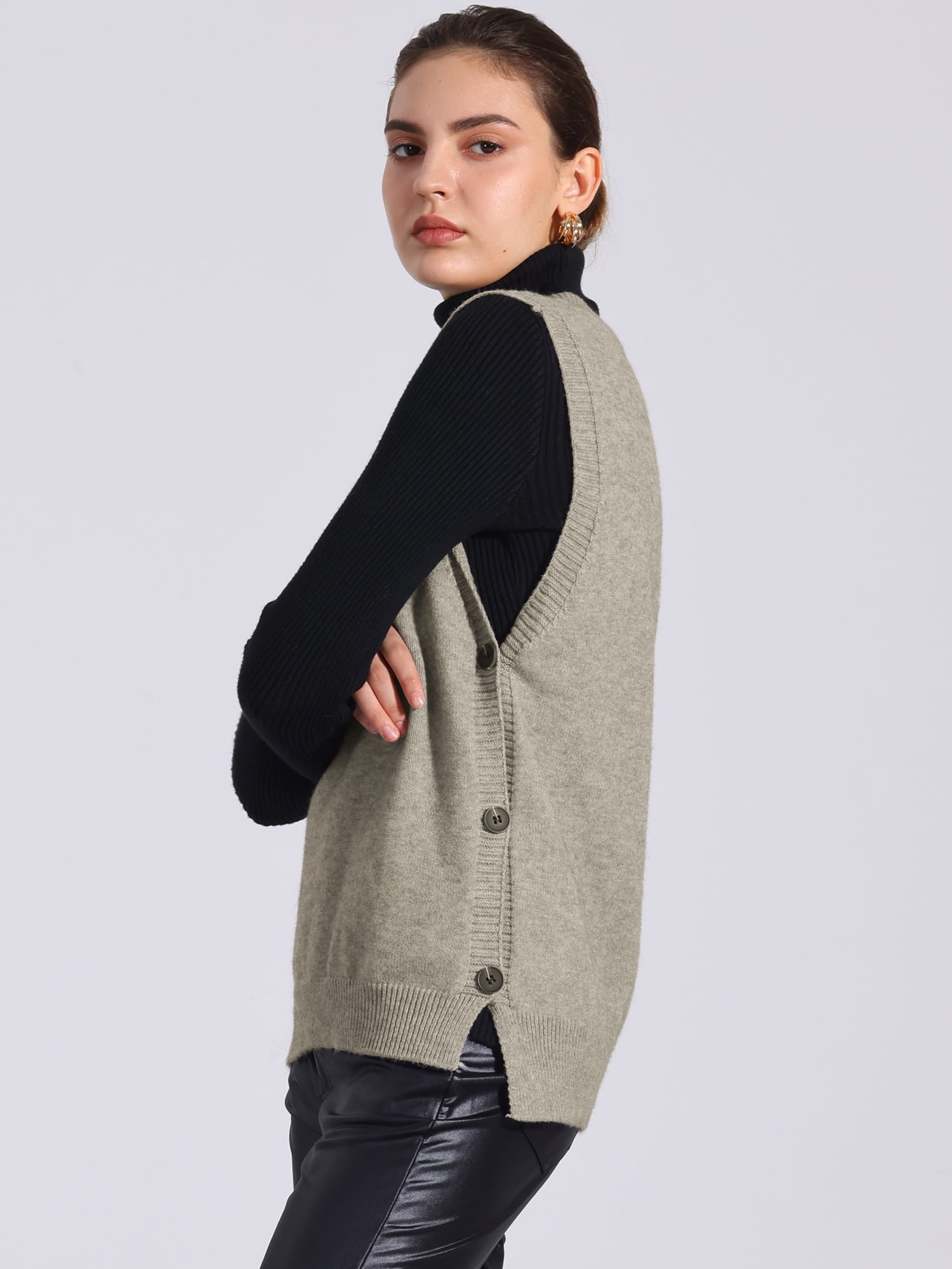 DARING DIVA Knit Sweater Vest Sleeveless V Neck Pullover Vest S Khaki