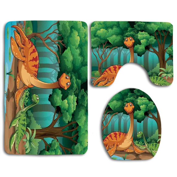 GOHAO Kids Dinosaurs in a Tropical Forest Jurassic Dino Cartoon Children Art Craft Theme 3 Piece Bathroom Rugs Set Bath Rug Contour Mat and Toilet Lid Cover
