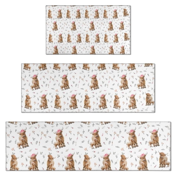 White Highland Cow Floral Pattern Kitchen Rugs Sets Of 3,Kitchen Runner Rugs Non Skid Washable,Decorative Kitchen Floor Mats for Kitchen,Sink,Laundry,17"x30" 17"x47" 17"x59"