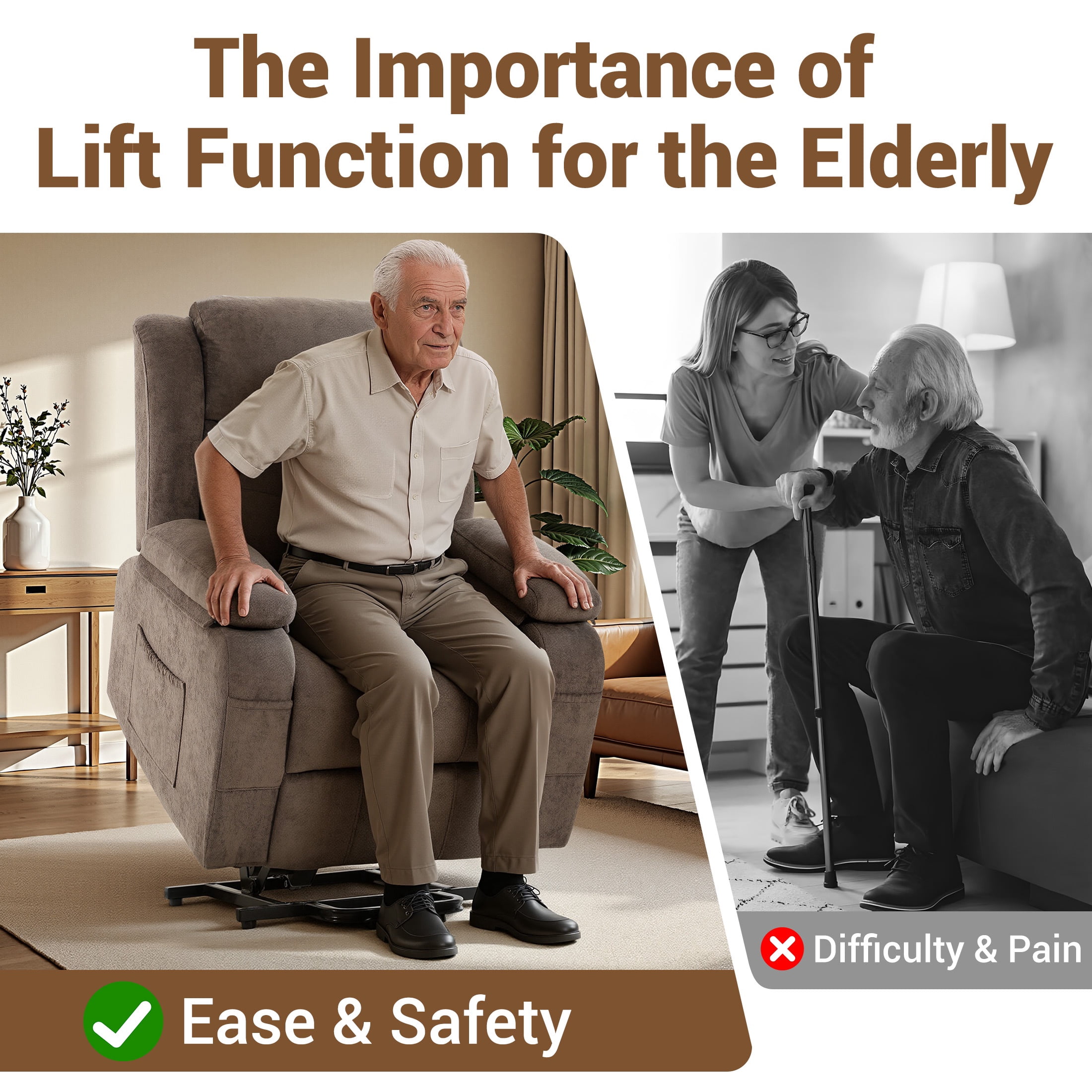 HSUNNS Power Lift Recliner Chair for Elderly, Overstuffed Wide Recliners for Adults, Heavy Duty Recliner Sofa and Safety Motion Reclining Mechanism, 45°-135° Recline, 350lb Capacity, Brown