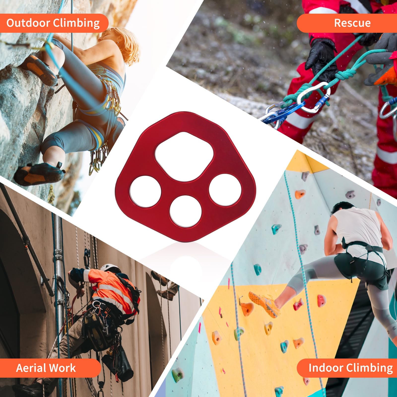 Red Descender Plate Paw Rigging Plate 4 Holes Rock Climbing Gear, 30KN Bear Paw Rigging Plate