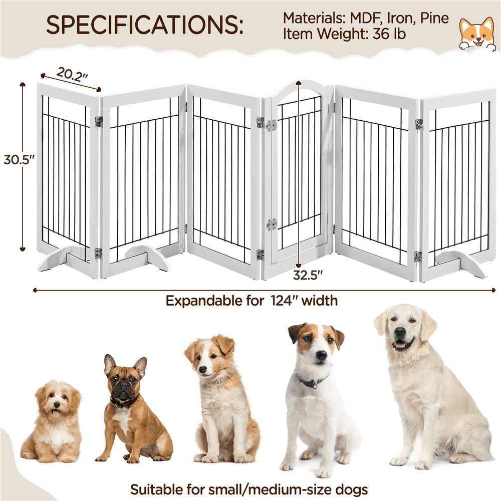 Alden Design 32.5" Tall Foldable Pet Gate with 3 Support Feet, White