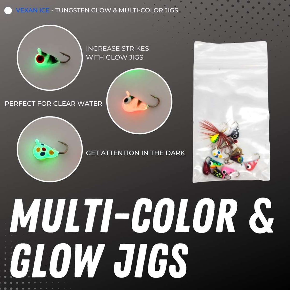 Vexan 12-Pack Tungsten Ice Fishing Jigs Glow & Multi-Color Free JIG Box (1.1g, 4 mm, #14 Hook)
