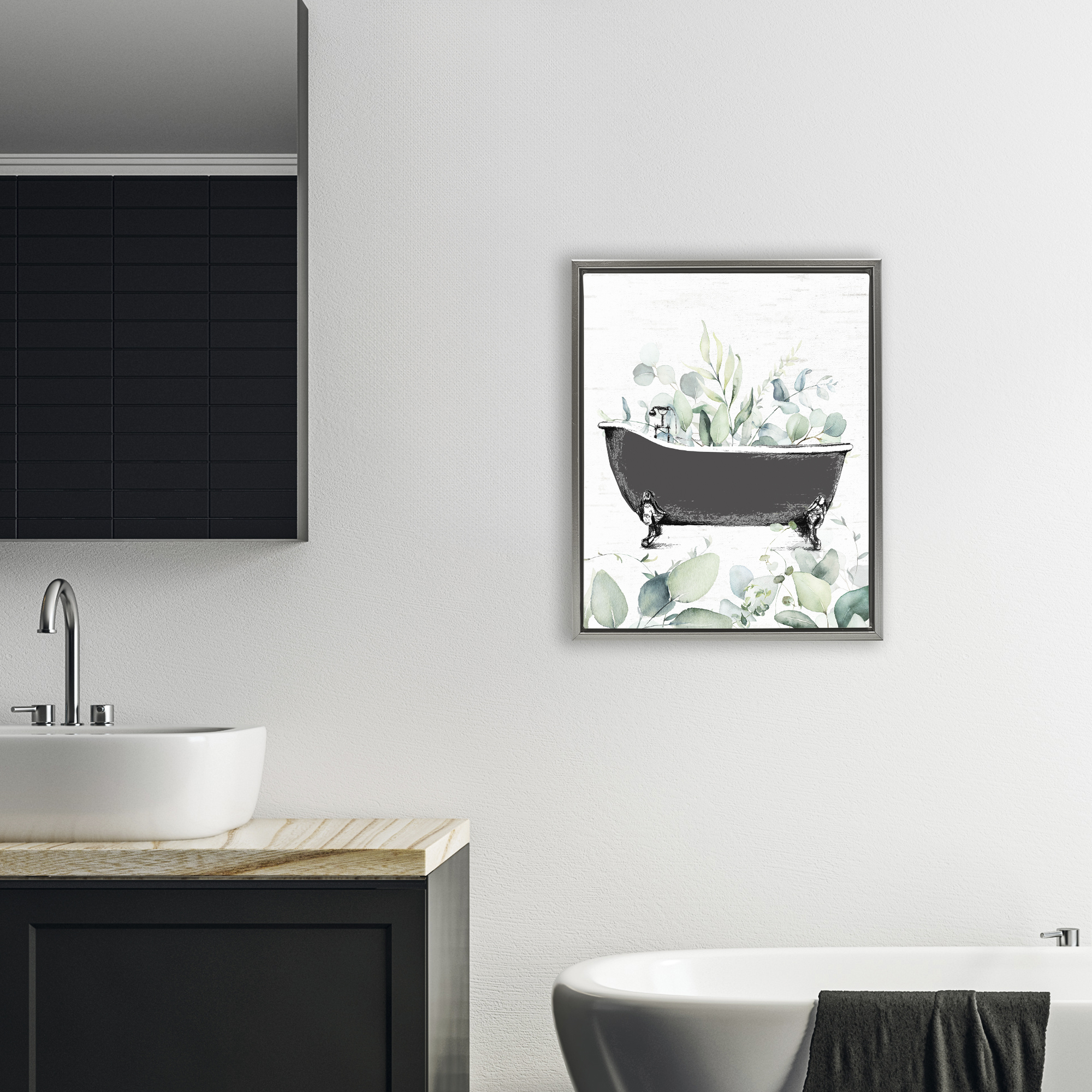Eucalyptus Leaves Bathtub Gray Framed Floater Canvas Wall Art, design by Lettered and Lined