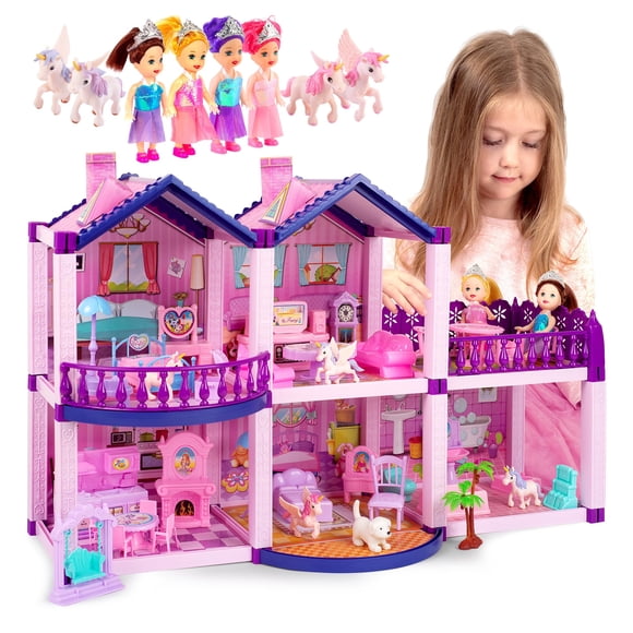 Casa de muñecas TOMLEON Dream con 4 princesas, 4 unicornios, perro y muebles