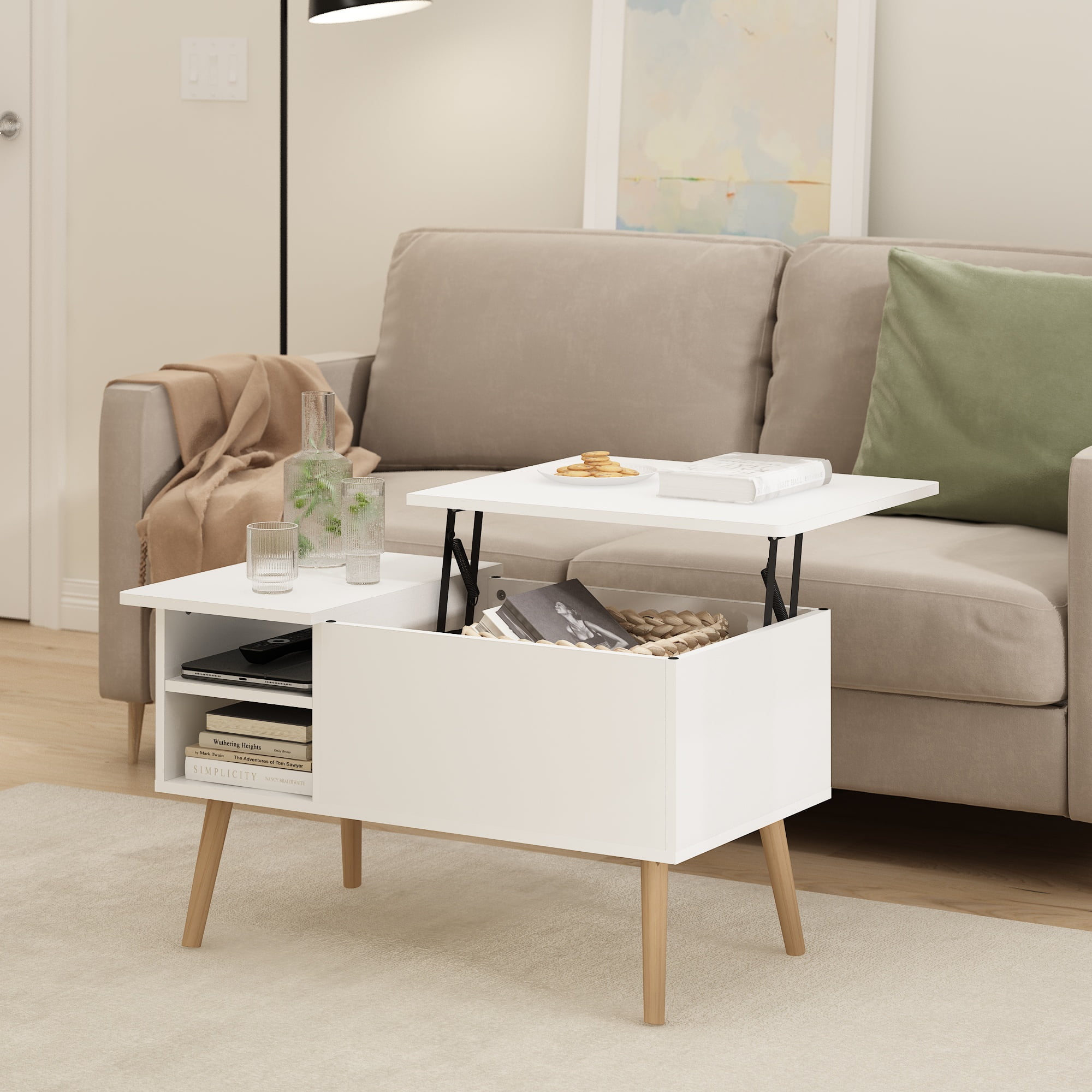 Furinno Jensen Lift Top Coffee Table With Wooden Leg, Solid White ...