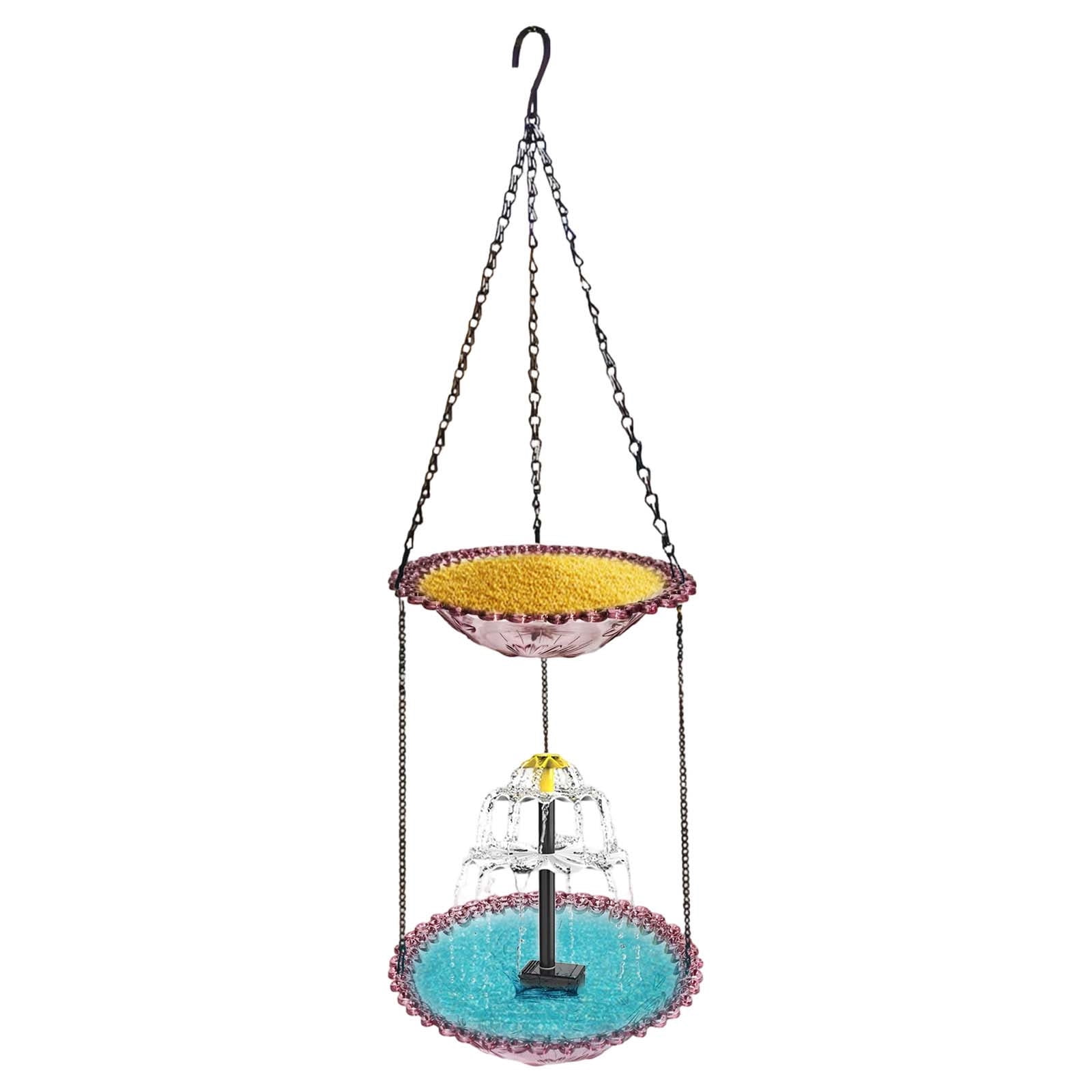 Sktrjpolfis Double Layer Solar Bird Feeder & Birdbath, 27.6in Solar-Powered Fountain, Outdoor Garden Hanging Decor