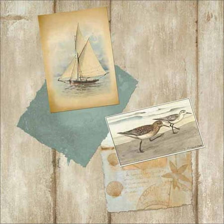 - Seaside Beach Collage Wood Grain Post Card Costal Painting 2 Tan & Grey Canvas Art by Pied Piper Creative
