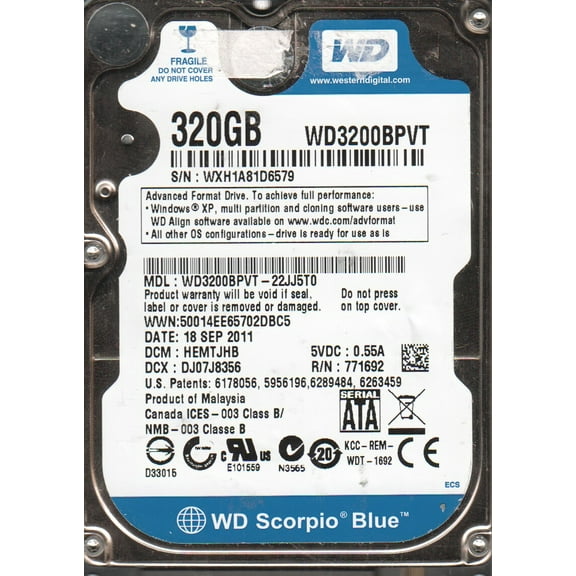 WD3200BPVT-22JJ5T0, DCM HEMTJHB, Western Digital 320GB SATA 2.5 Hard Drive