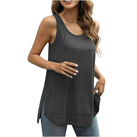 Mittory Women Summer Loose Tank Tops Side Split Curved Hem Cotton Beach Tops Trendy Sleeveless Shirts Blouses