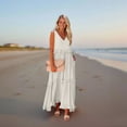 thumbnail image 3 of White Flowy Dress, Halter V Neck Sleeveless Ruffles Loose Maxi Dress Casual Elegant Beach Wedding Guest Graduation Cocktail Dress Formal Women Cocktail Dresses Short Dresses (L, Beige) ZMTing, 3 of 4