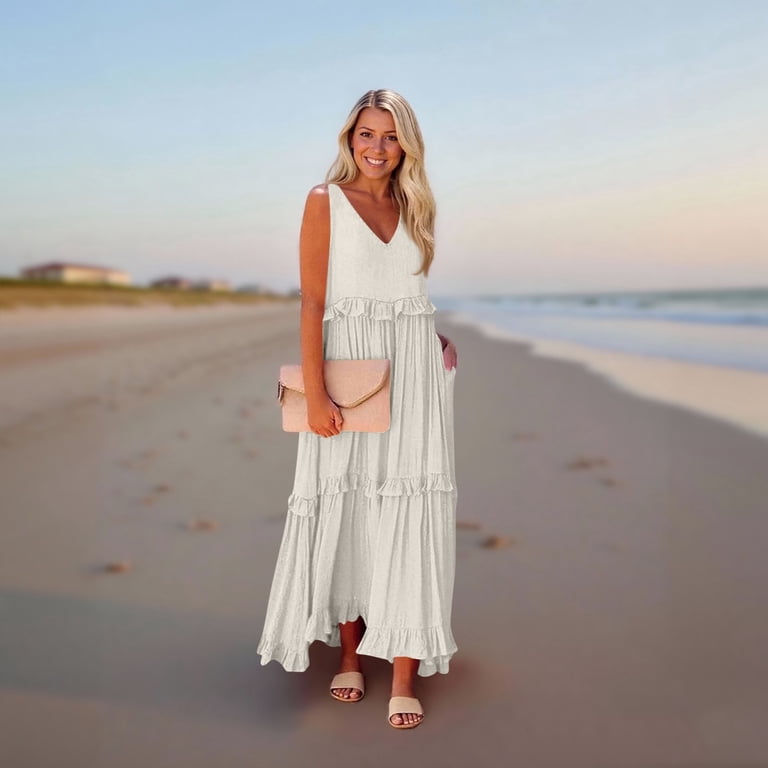 WTOBBY Women's Summer Long Dress with Lining, Big Swing Beach V-Neck Maxi  Dress, Lightweight and Flowy for Vacation, Ocean Getaways,Beige 2XL -  Walmart.com