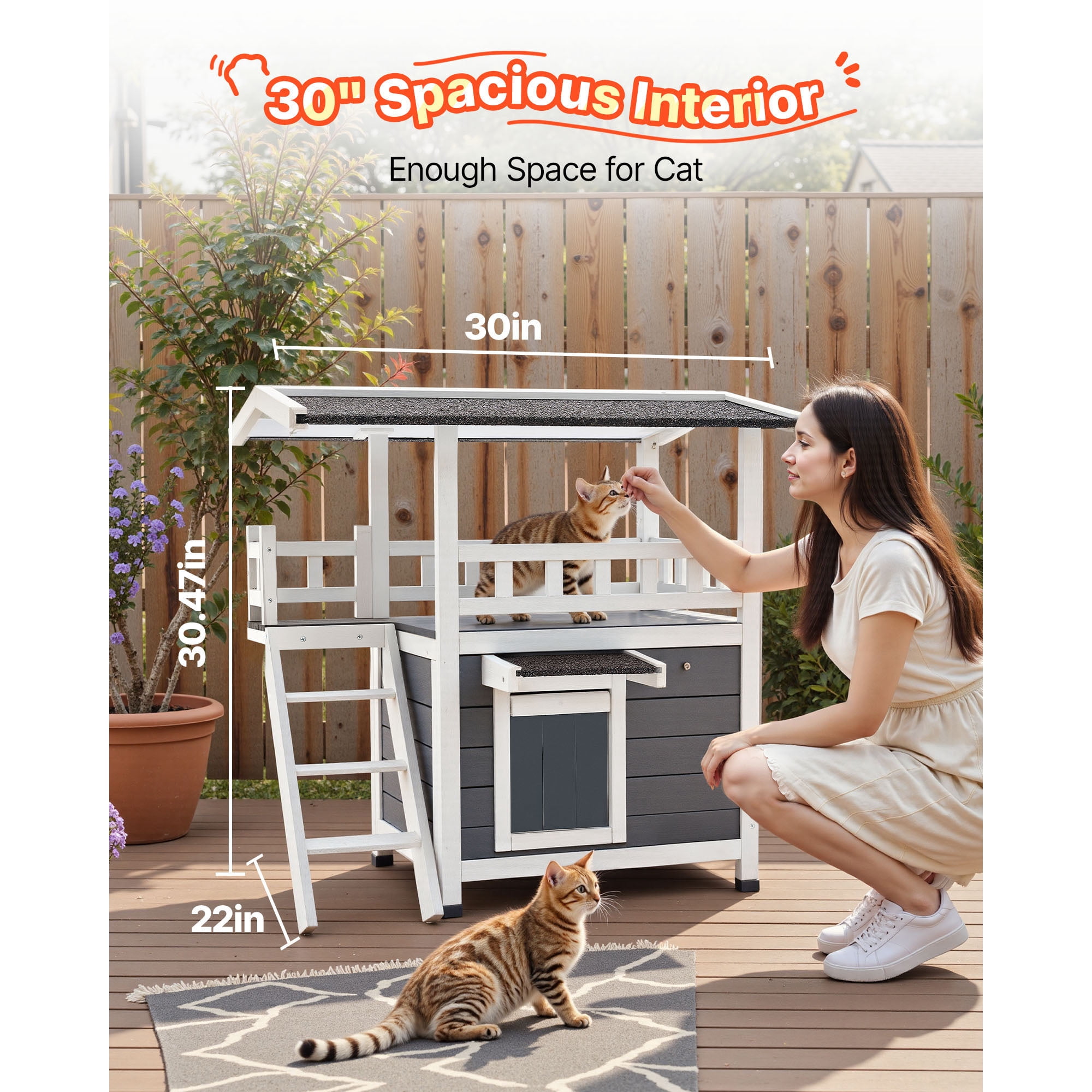 KFFKFF 2-Story Wooden Cat House with Stairs & Balcony, Elevated Shelter for Feral and Domestic Cats, Weather-Resistant Design, Spacious Interior, Suitable for Indoor and Outdoor Use, 30 x 22 x 30 in