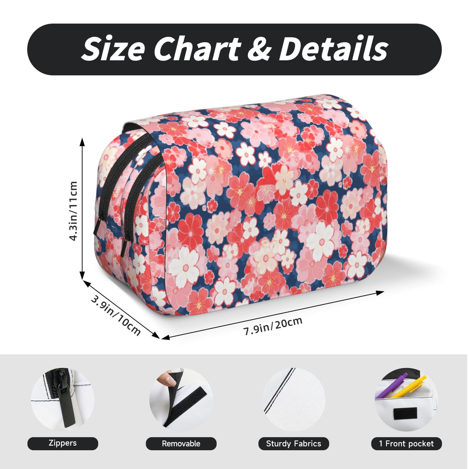 Rateoe Japanese Cherry Blossoms Pattern Double Clamshell Pen Case, Storage Organizer with Two Zipper Compartments– Holds Up to 50 Pencils & Pens