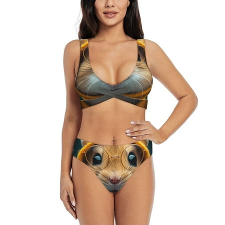Zeuib Modern Yellow Sweater Guinea Pig High Waisted Tummy Control Bikini Set - Knot Front Push Up Top & Cheeky Thong Bottom  Two-Piece Swimsuit for Women-Large