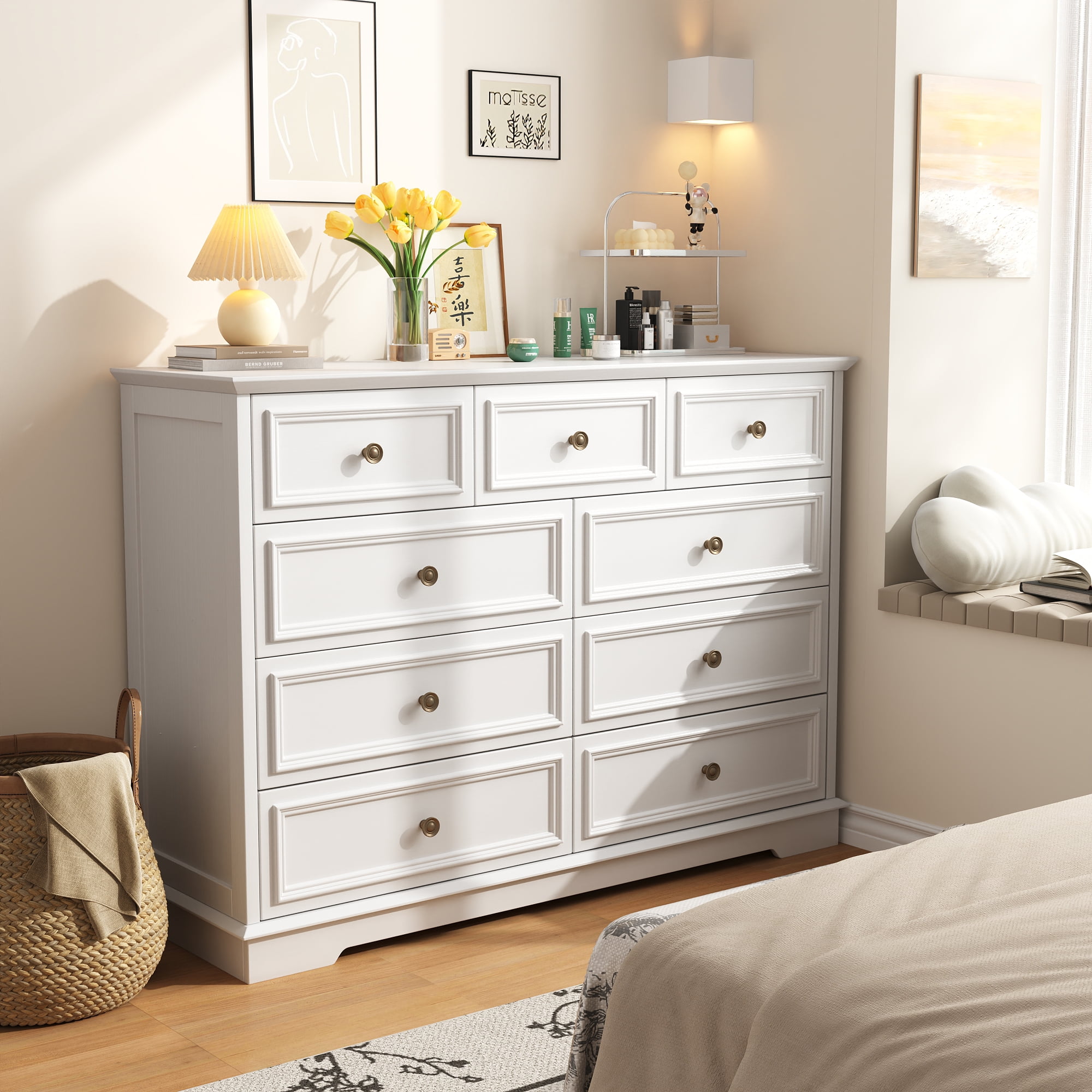 9 Drawer Dresser for Bedroom, Wood Chest of Drawers, Rustic-Style Dresser with Metal Handles, Tall Storage Dresser Organizer, White