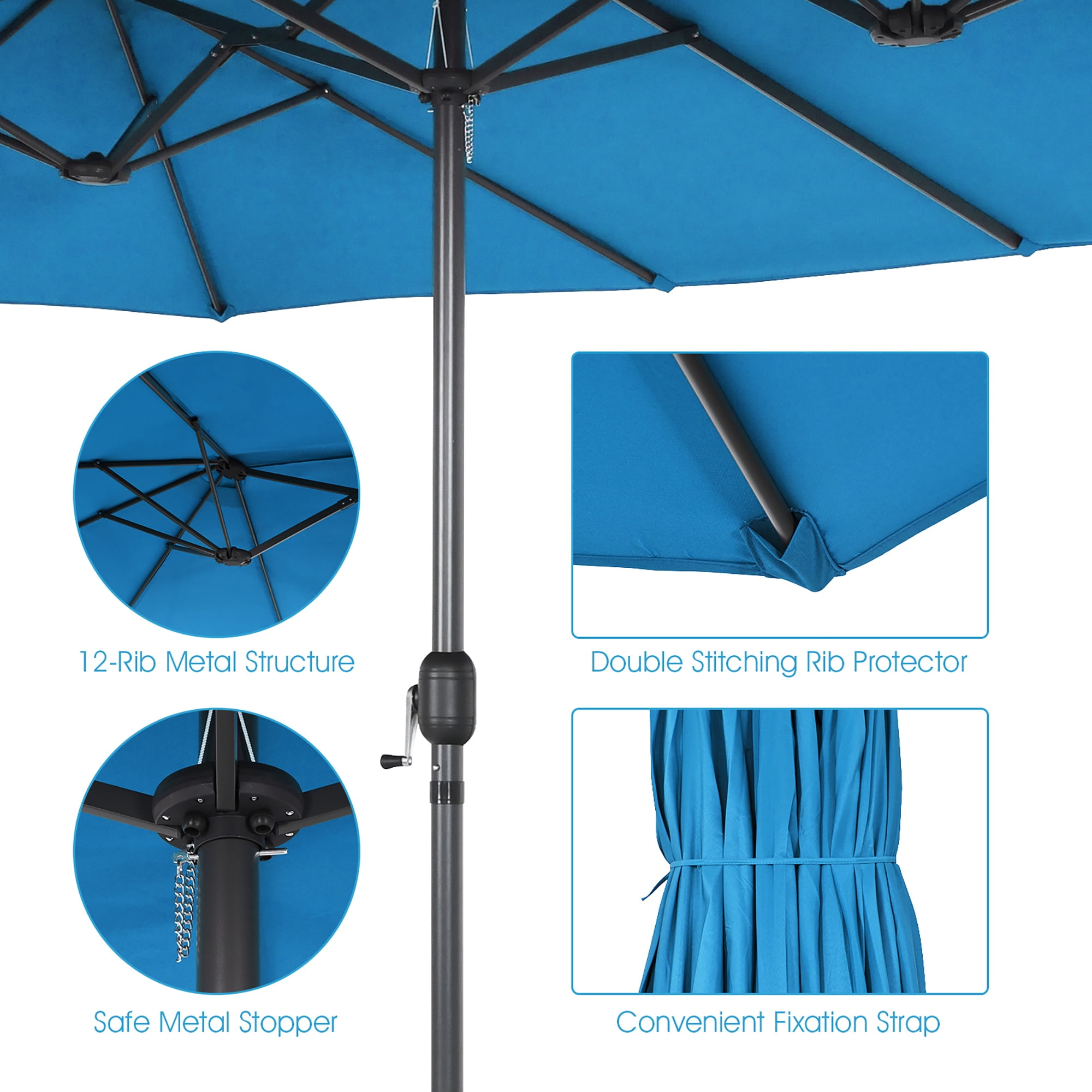 Costway 15ft Blue Patio Double-Sided Market Umbrella, Crank Lift