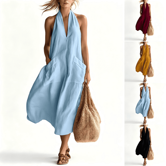 Tqcoqu Linen Dress Women,Cotton Halter V Neck Maxi Dresses Casual Sleeveless Flowy Long Dress,Summer Beach Vacation Sundress,Black Women's XS-XXL