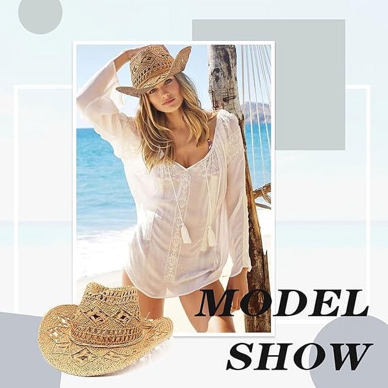 Women Straw Wide Brim Cowboy Hats, Western Cowgirl Hat for  display picture 2