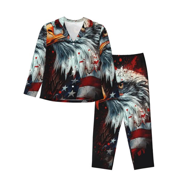 Balery USA Bald Eagle Conjunto de Pijama con Estampado para Mujer, Conjunto de Dos Piezas con Manga Larga, Ropa de Dormir Suave con Bolsillos, Pijamas Cómodos-XX-Large