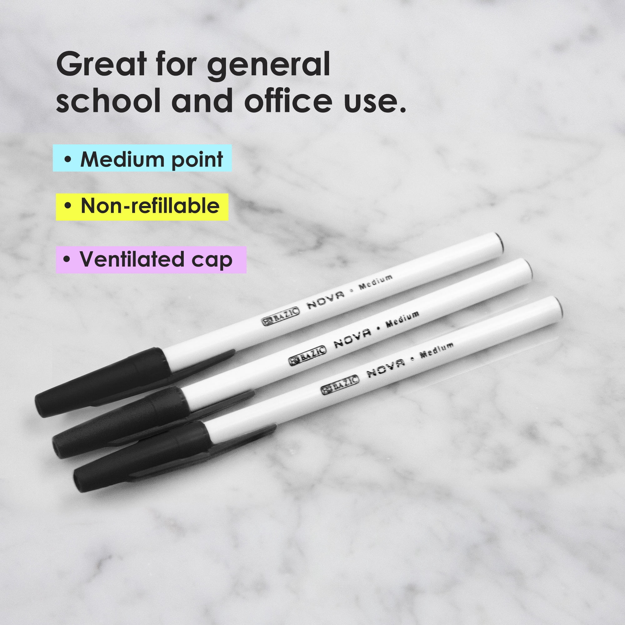 BAZIC Ballpoint Nova Black Color Stick Pens, 1.0 mm, (12/Pack), 24-Pack