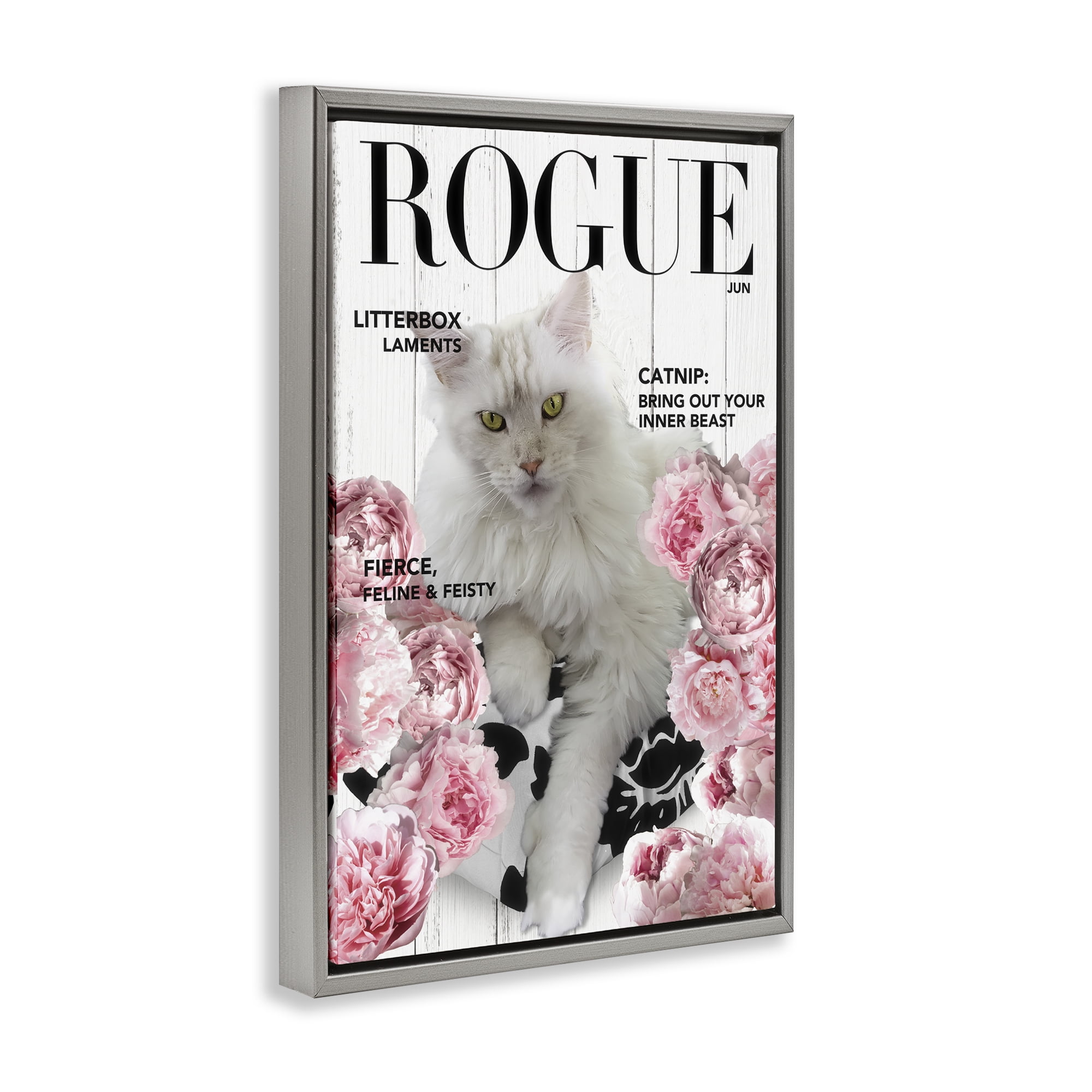 Funny Floral Cat Magazine Gray Framed Floater Canvas Wall Art, design by Sasha