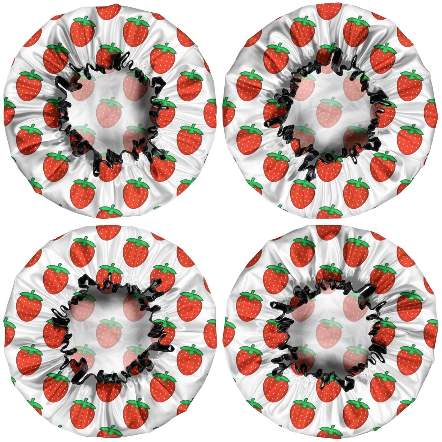 Shower Caps,Red Strawberry Plants White Pattern Waterproof Shower Cap for Women 4 Pieces,Double Reusable Hair Cover for Shower PEVA Elastic Stretch Hem