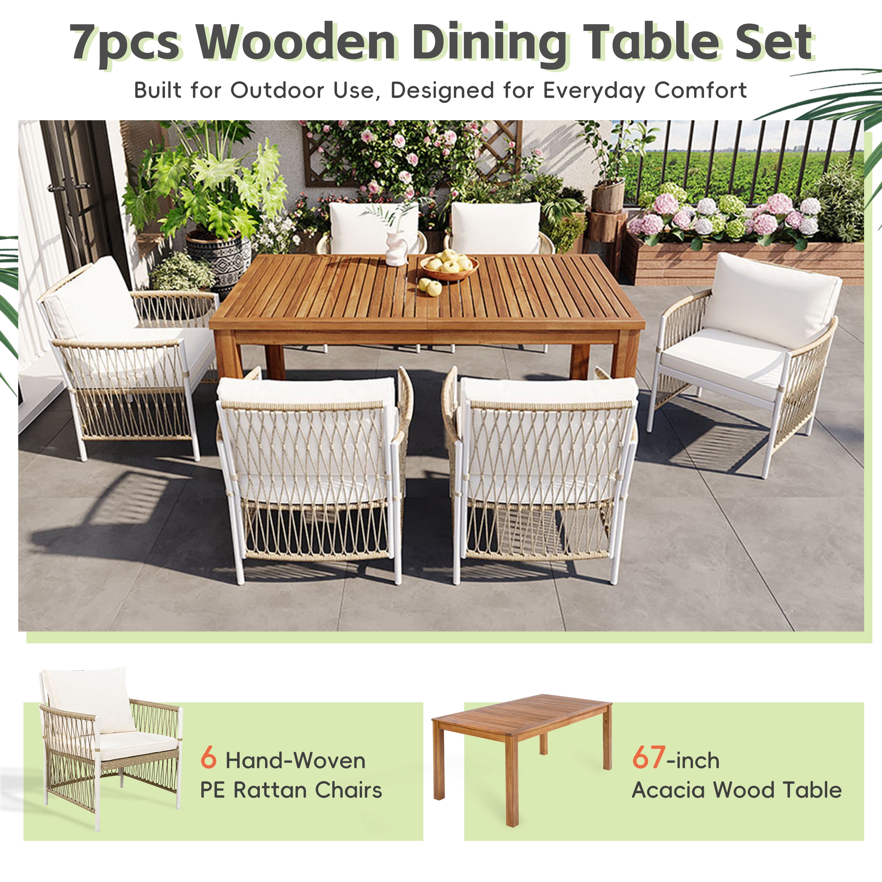 7-Piece Patio Wooden Dining Table Set, 67-Inch Outdoor Acacia Wood Table with 6 PE Rattan Wicker Arm Chairs and Cushions, Outdoor Dining Furniture Set for Garden Backyard, Natural