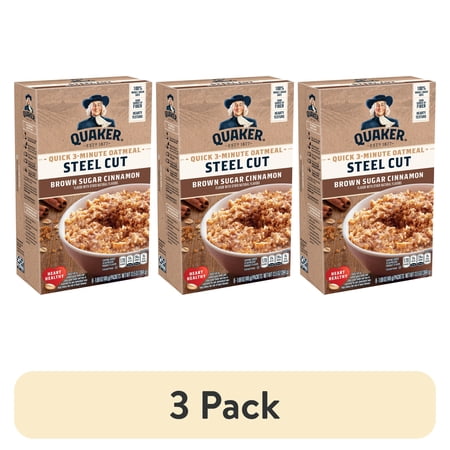 (3 pack) Quaker Steel Cut Quick 3 Minute Oatmeal, Brown Sugar & Cinnamon, 1.69 oz Packets, 8 Count