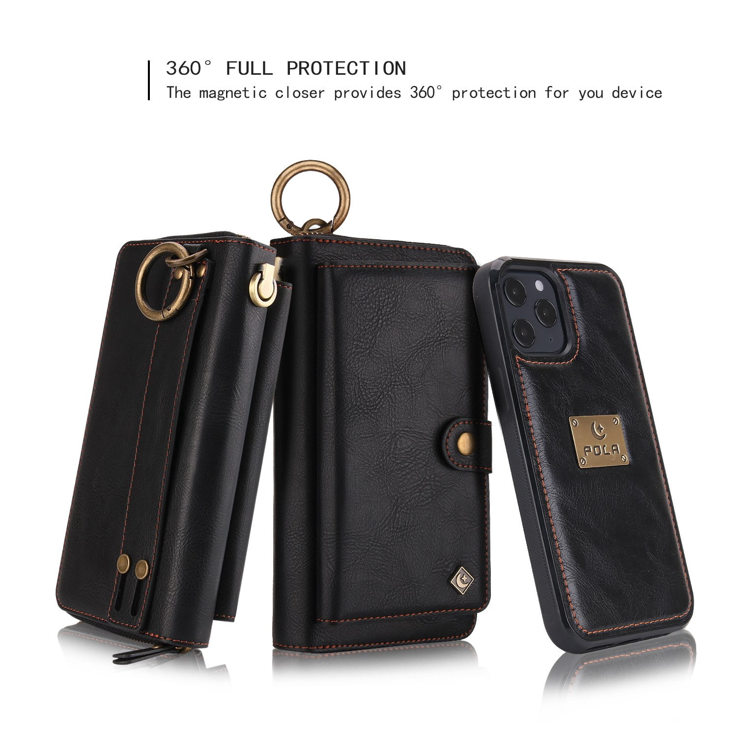 Feishell iPhone 13 Case, Premium Leather Folio Removable Wallet Case Zipper Coin Pouch Cover with Zip Purse ID Credit Card Holder & Detachable Magnetic Case For Apple iPhone 13, Black