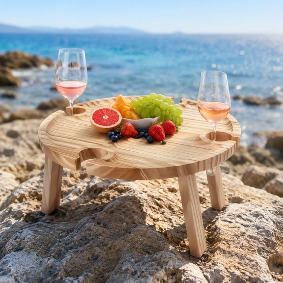 Wooden Folding Picnic Table, Portable Outdoor Wine and Snack Table with Cup Holder, Small Camping Serving Table for Beach, BBQ, Road Trip and Outdoor Gatherings